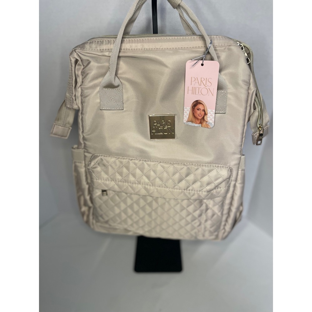🟠 Paris Hilton Champagne Beige Quilted Nylon Backpack Gold Logo NWT